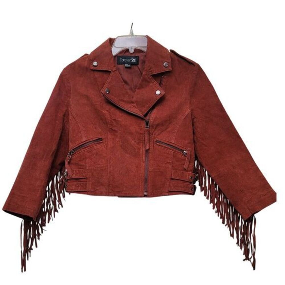 Forever 21 Women's‎ M Leather Moto Jacket Fringe Western Boho Festival Y2K Biker